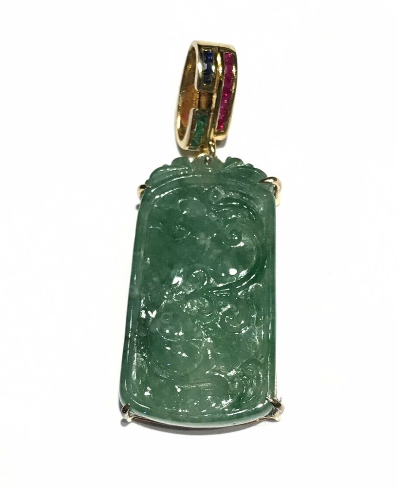 Vtg Signed Gilt 925 Sterling Carved Fish Jade Pendant Emerald Sapphire Ruby